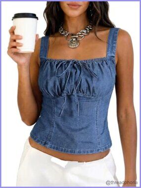 Denim Corset Top for Women Jean Vest Crop Smocked Back Square Neck Country